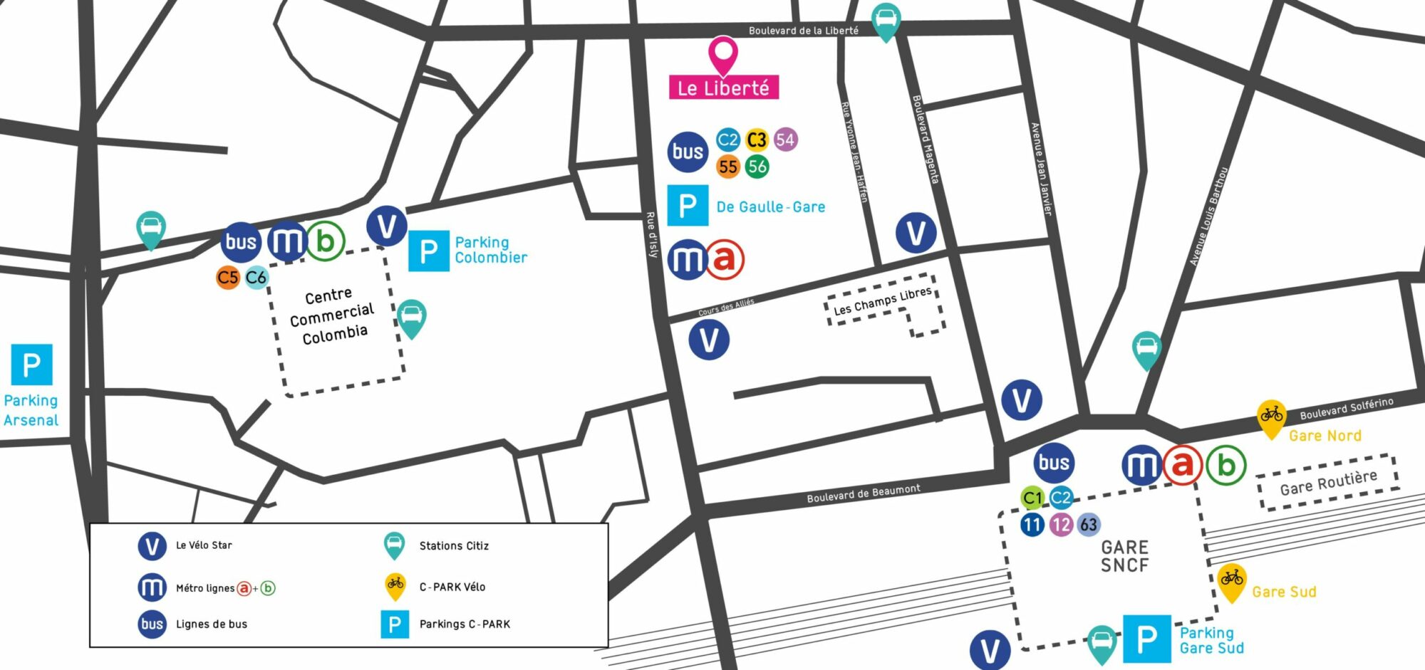 Le Liberté Rennes - Plan d'accès - Parking - Métro - bus - vélo - gare